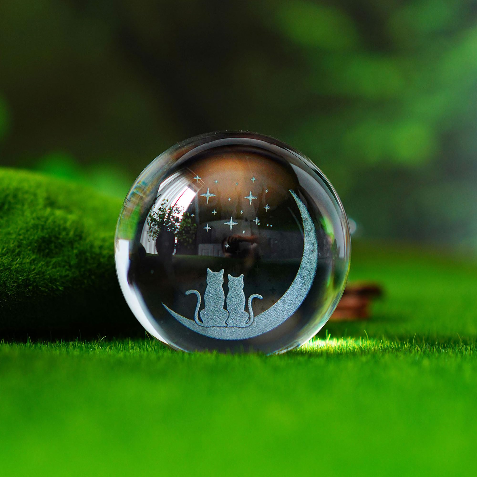 ZEERSHEE 60mm(2.3inch) Cats & Moon Crystal Ball Paperweight with Stand Base Glass Sphere Home Decor Gifts for Cat Lovers