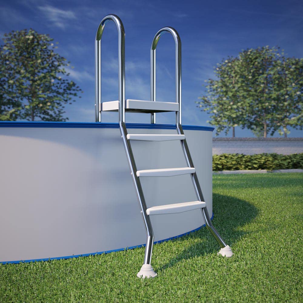 IDEAL Hochbeckenleiter 3/3-stufig V2A 1.4301 - Edelstahl Poolleiter mit Plattform - Für Beckenhöhe 0,90 bis 1,00 m - Ø 42 mm Holm - 2 x 3 ABS Stufen - Bis 120 kg