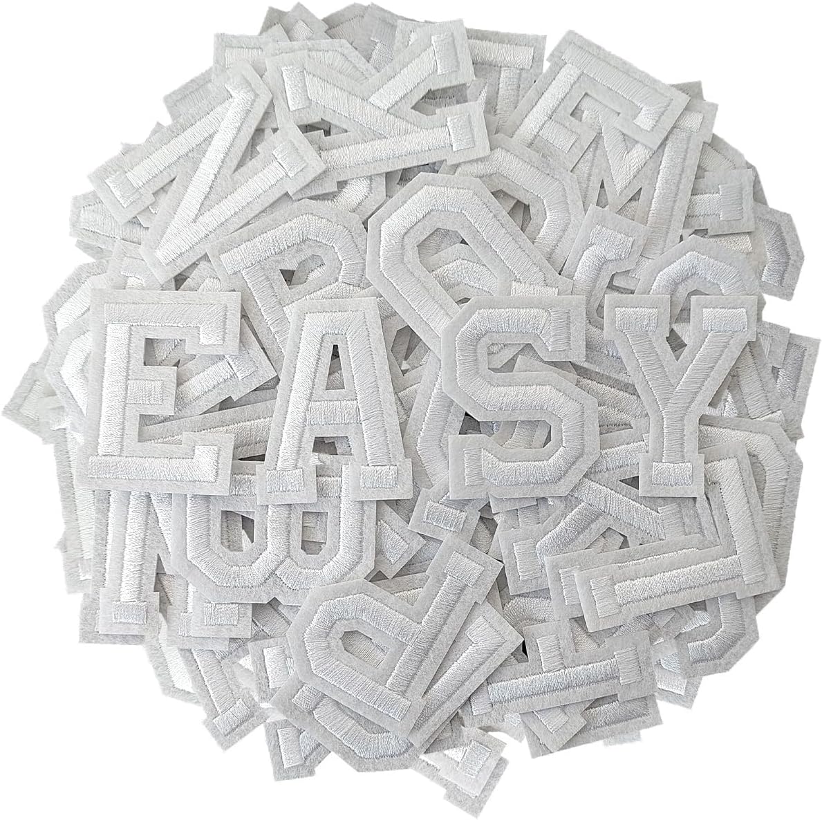 Iron on Letter 104Pcs Alphabet A to Z Patches with Ironed Adhesive, Decorate Repair Patches for Jackets Shirts Hats Bags Jeans/White