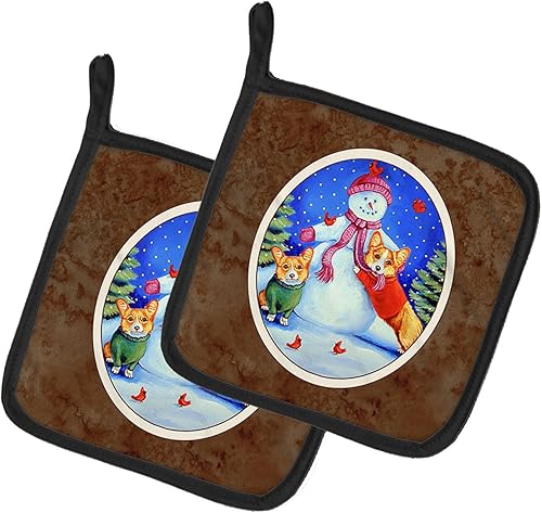 Caroline's Treasures 7048PTHD Muñeco de nieve con Corgi par de soportes para ollas de cocina resistentes al calor, almohadillas calientes para