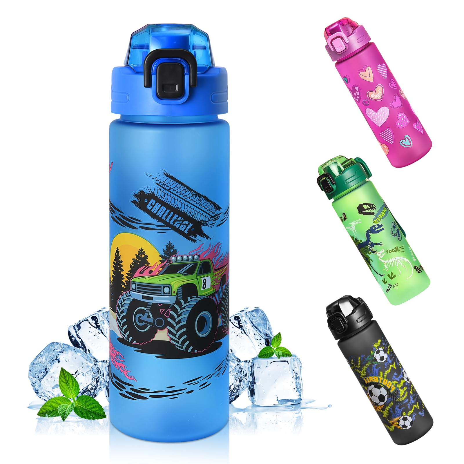 AMFUN 700ML Kids Water Bottles, BPA-Free, Sports Water Bottle, One-Touch Opening for Office, Gym, Sports, Outdoor, Hiking, Fitness, Cycling, School (Blue-Vehicle)