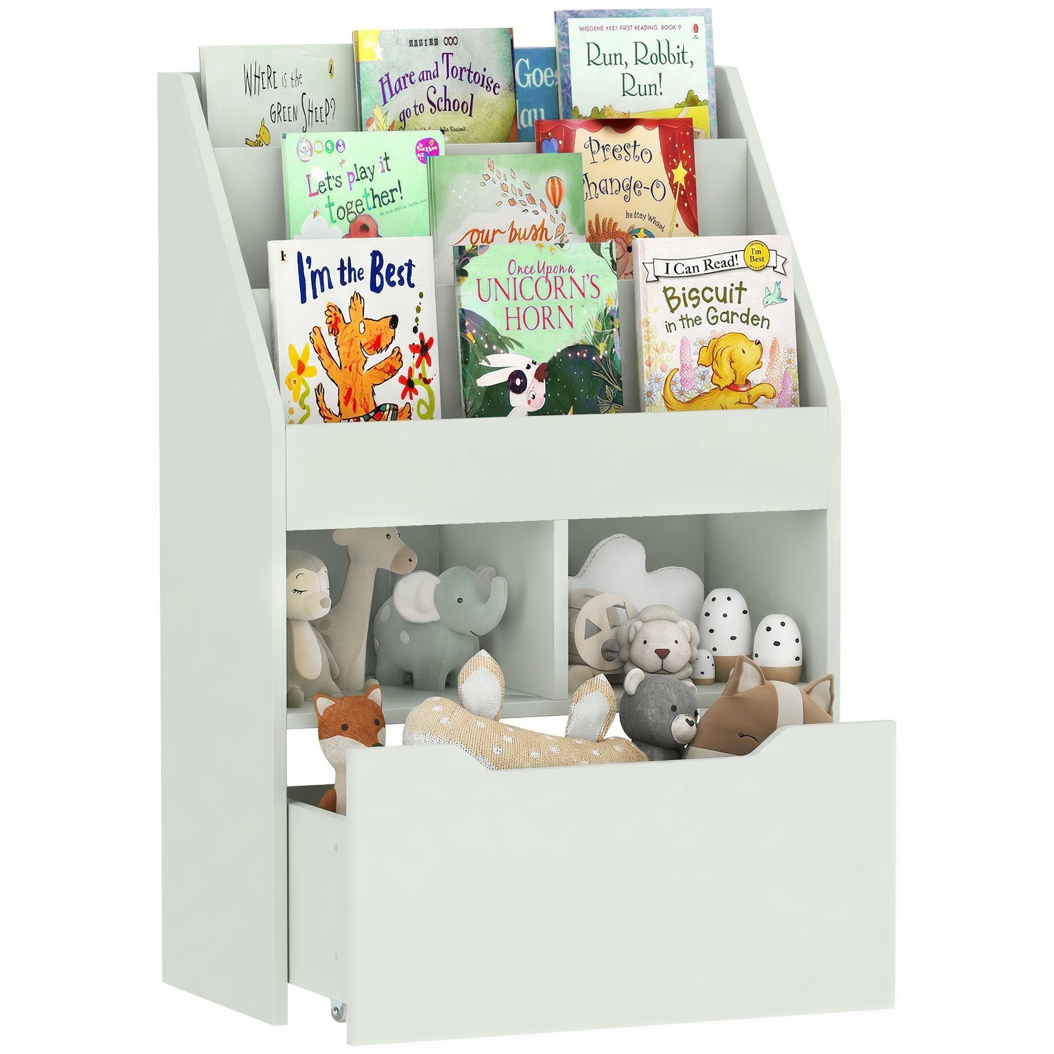 HOMCOM Kids Bookshelf with Moveable Drawer, Montessori-Inspired Children's Bookcase with Wheels, Toy Organiser for Bedroom, Playroom - Green