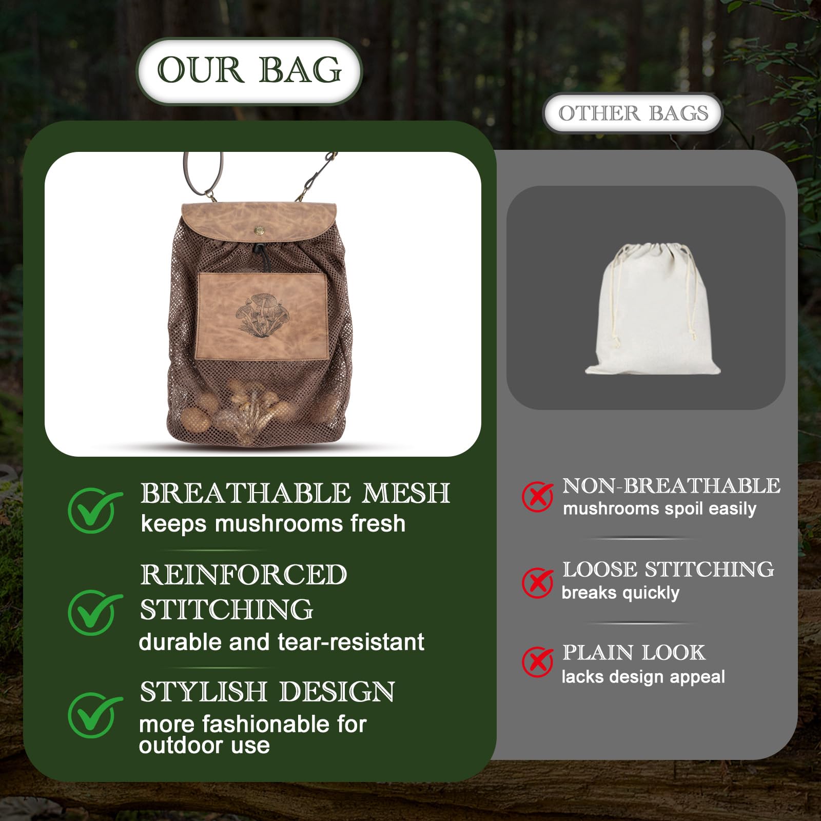 DRACHENADER Pilzkorb zum Umhängen mit Atmungsaktivem Netz – Faltbare pilztasche zur Platzsparenden Aufbewahrung, Pilz Sammeltasche und Jagdtasche für Frische Pilze, mit Verstellbarem Schultergurt
