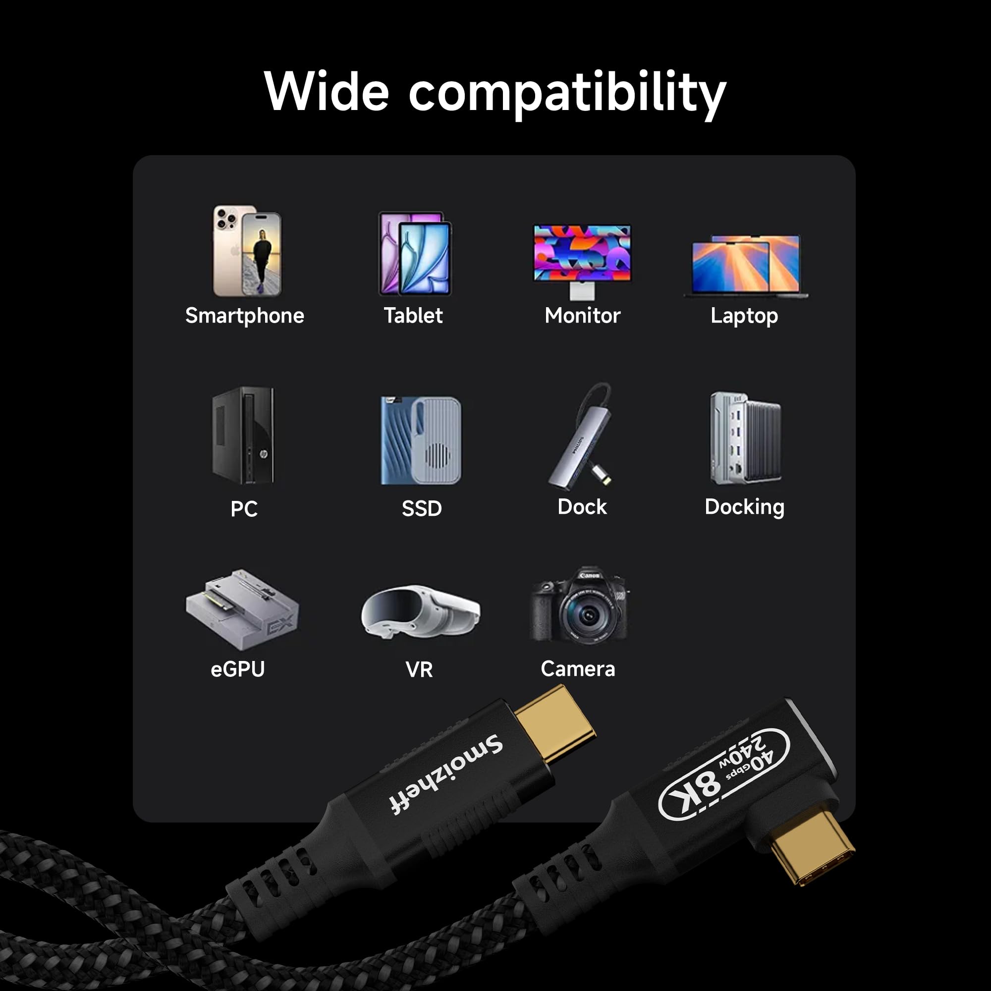 2 m/2 m ad angolo retto di 90 gradi per una portata estesa e una configurazione ordinata, cavo Thunderbolt 4 USB-C, trasferimento dati 40 Gbps, ricarica PD 240 W, uscita video 8K, compatibile con