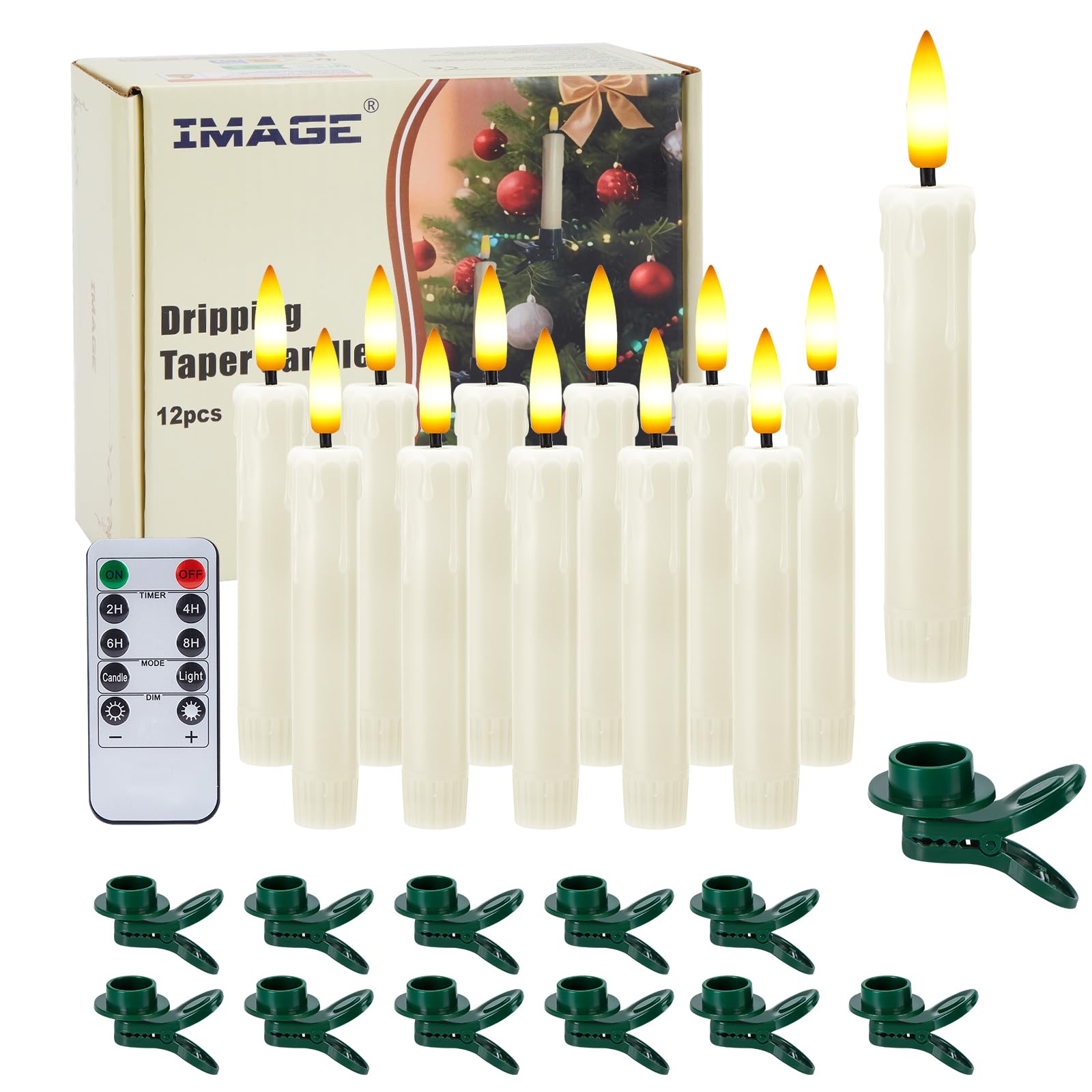 IMAGE 12Pcs LED Taper Candles Light Set, 5.3 inches Dripping Flameless 3D Wick Ivory Candles with Clip-on Christmas Tree Design, 10-Key Remote with Timer, Warm White Light.