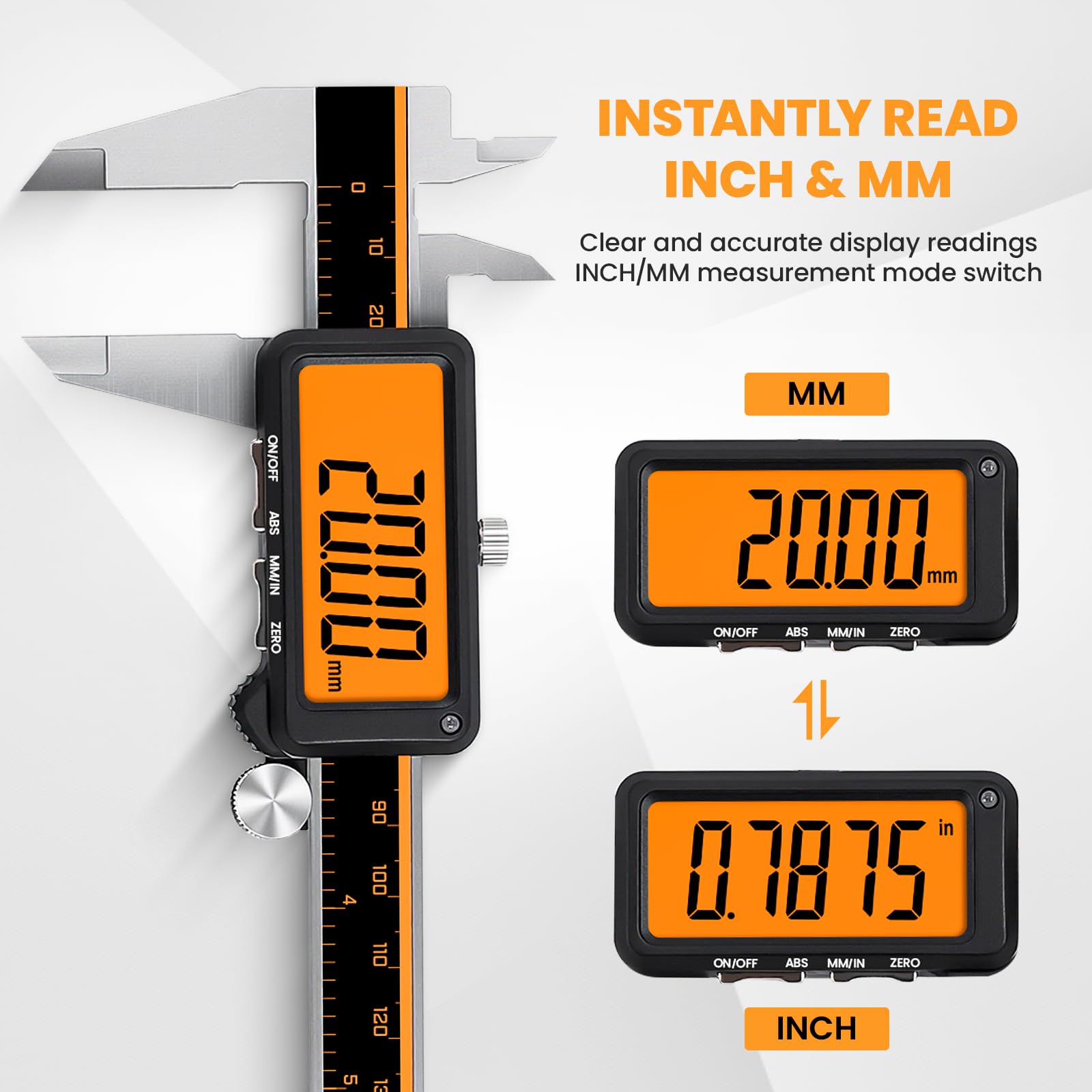 HARDELL Digital Caliper, Rechargeable Digital Caliper with Large Orange Screen - Anti-Glare LCD & ABS Function, Auto-Off Digital Micrometer, Inch/Metric Stainless Steel Micrometer for DIY, Workshop