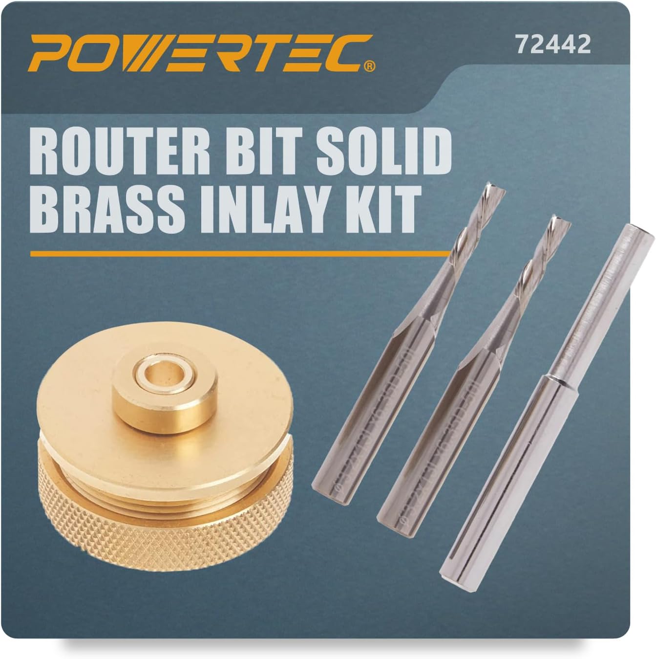 POWERTEC 72442 Router Inlay Kit for 1/4" Template, Solid Brass Router Bushing Guide Set with 2PC 1/8" Downcut Spiral Bit (1/4" Shank), Centering Pin, Retainer Nut, Collar