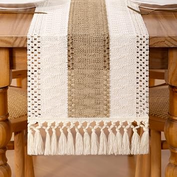 DeZerlor Boho Macrame Table Runner Spring Easter Farmhouse Woven Table Runner with Tassels 90 Inches Ivory& Burlap Brown Cotton Linen Kitchen Table Decor for Dining Dresser Home Tea Table Decor