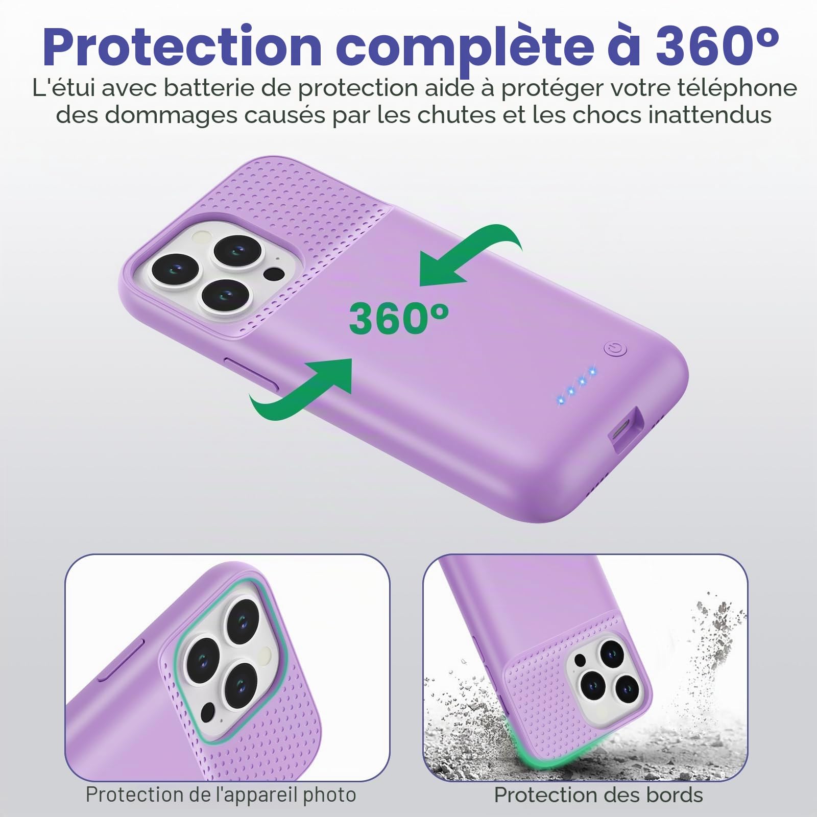 Feob Coque Batterie pour iPhone 15 Pro【Charge Rapide 15W & Puissant 7500mAh】 Coque Rechargeable Batterie Externe Chargeur Portable Coques d'alimentation pour iPhone 15 Pro (6,1 Pouces) - Violet