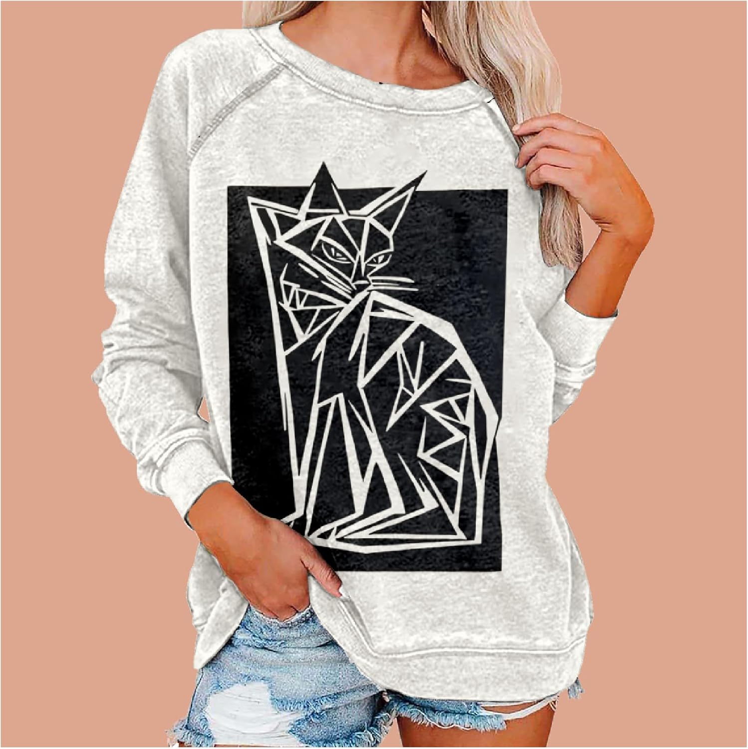 LOAIHA Women's Black Cat Sweatshirt Cute Cat Lover Graphic Pullover Funny Cat Sweaters Long Sleeve Cat Hoodie Loose Shirts - Image 2
