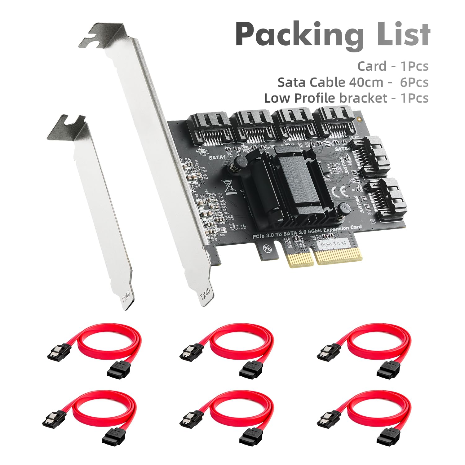 Binardat PCIE X4 zu SATA Karte 6 Port, 6Gbps SATA 3.0 Controller, inkl. 6 SATA Kabel und Low Profile Halterung, für Windows 10/11