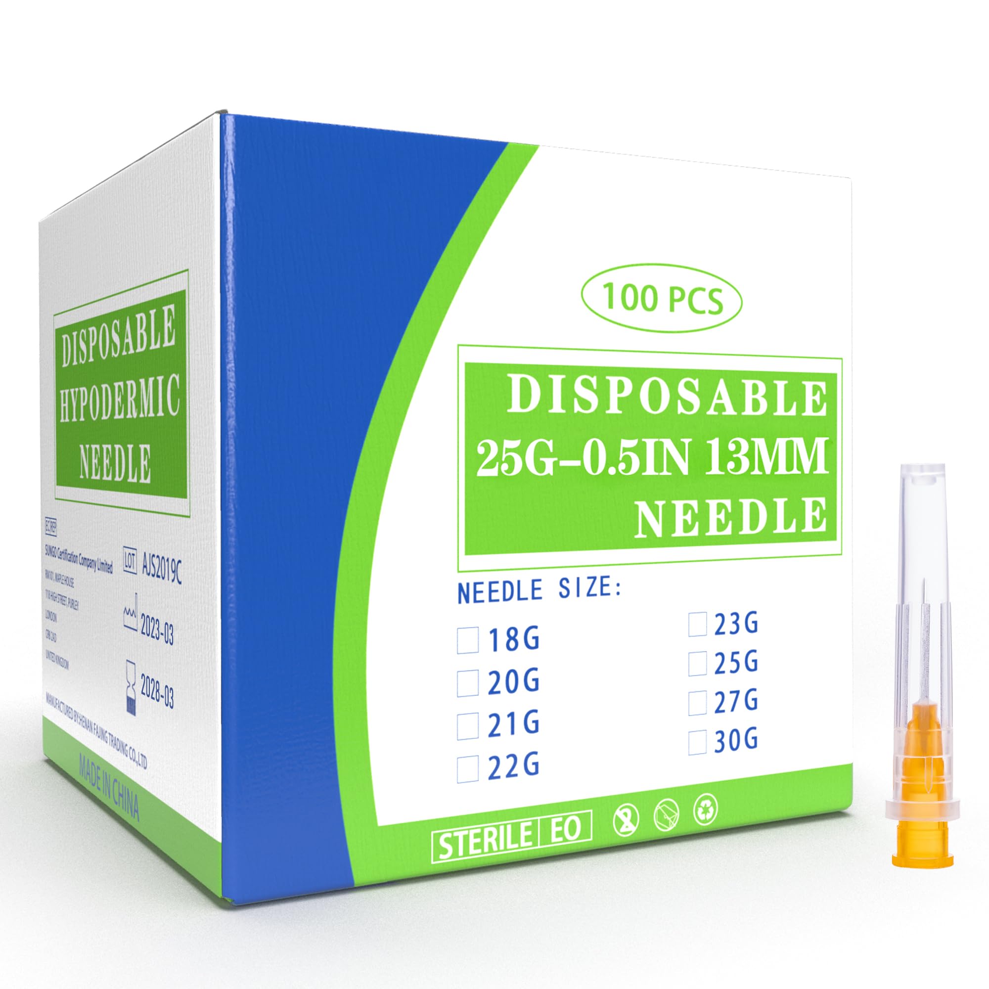 100 Pack 25 Ga 1/2 inch Disposable Needles with Caps for Scientific and Industrial Dispensing Individually Wrapped