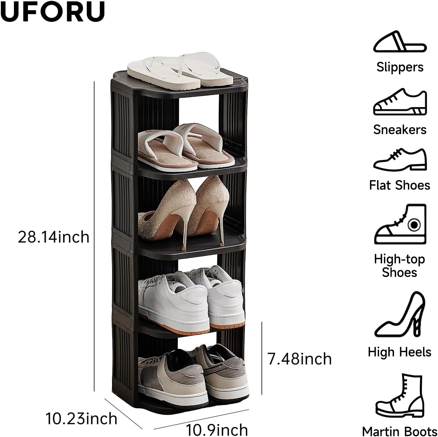 Small Shoe Rack, 5 Tier Plastic Vertical Shoe Rack for Small and Narrow Spaces, Free Standing Shoe Organizer for Closet, Entryway (Black)