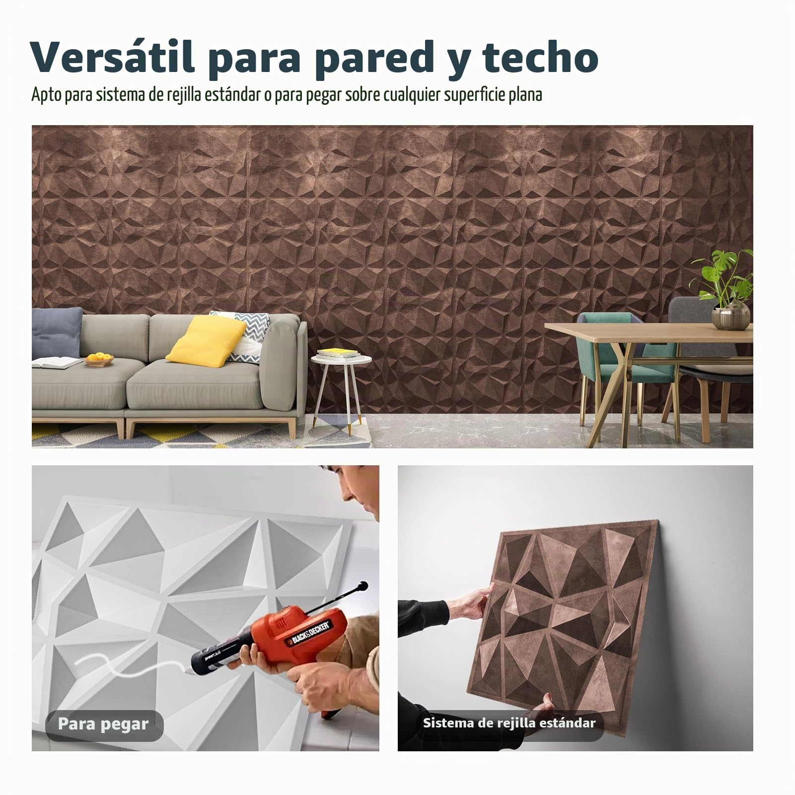 Art3d Paneles 3D Motivo Rombo Cobre Antiguo | 12 Piezas, PVC Rígido, 3 m², 50x50 cm | Impermeable, Inodoro | Ideal para Salón, TV, Oficina y Techo