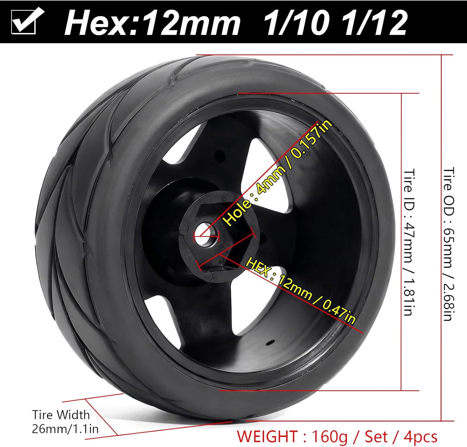 Pre-Glued Wheel & Street Tire Set for 1/10 1/12 RC Car for HSP 94123, Tamiya TT01 / XV01, MJX 10303, Kyosho FW06, 65 x 26 mm Rubber, 12 mm Hex Nylon Wheels, 4 pcs, Black