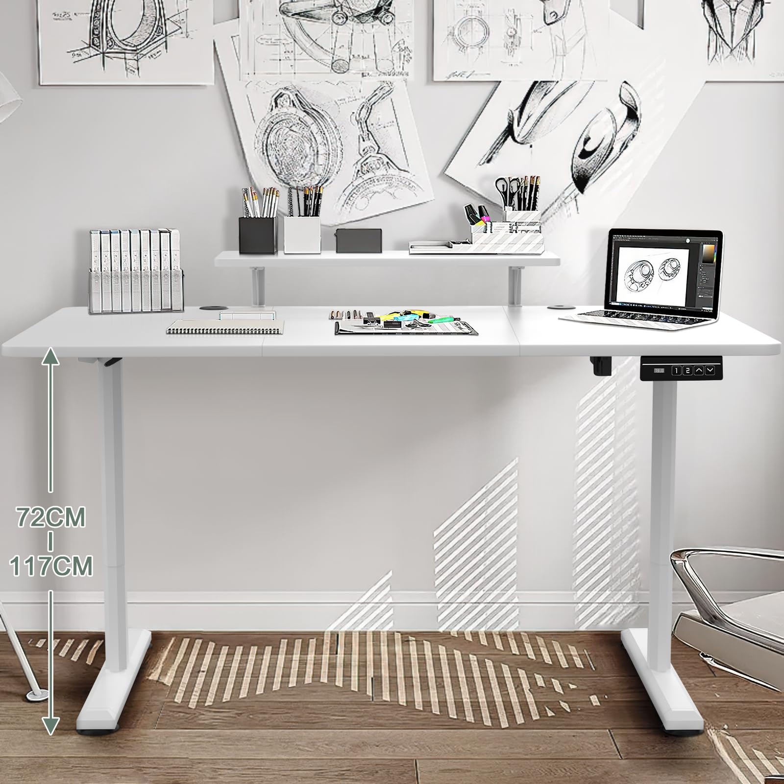 TRIUMPHKEY 120x60cm Escritorio Elevable en Altura con estantes para Monitor Escritorio de pie eléctrico Ajustable en Altura Estante de Almacenamiento Home Office Tablero de Empalme Blanco