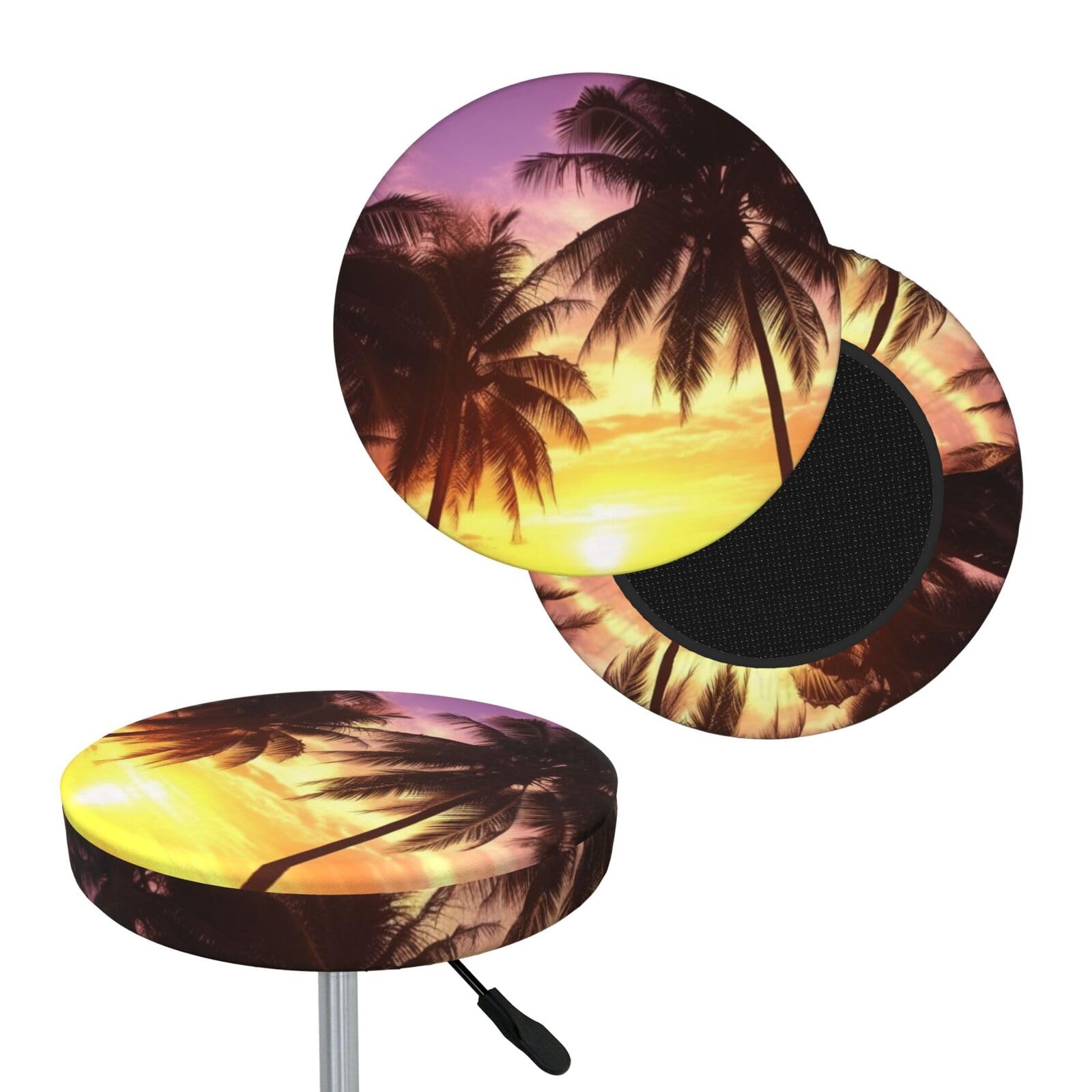 FekiLoot Palm Trees at Sunset Round Bar Stool Covers Stretch Washable Bar Stool Covers Dustproof Slipcover Bar Chair Covers with Elastic Band for Bar Kitchen Living Room Decor 14 Inch