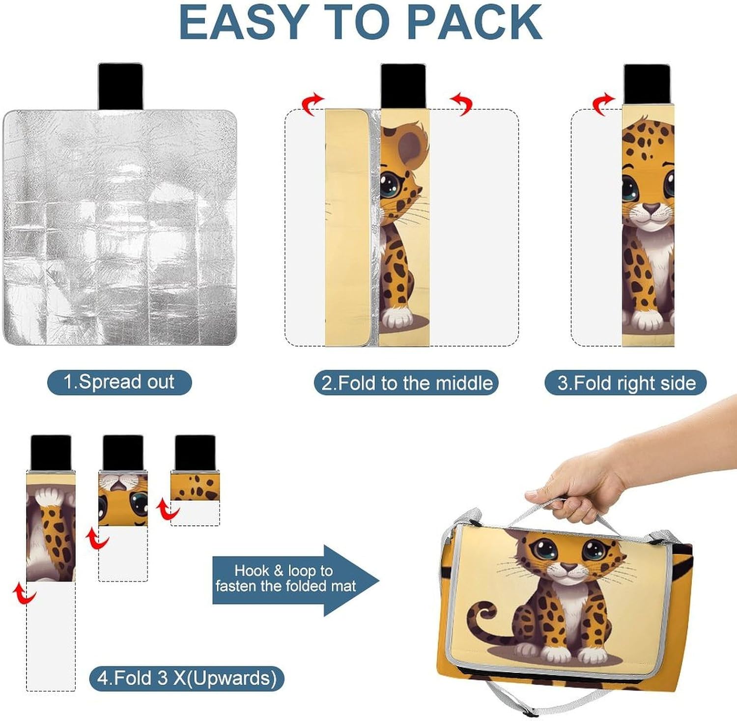 Baby Jaguar Waterproof Picnic Blanket 58.3''x58.3'',Portable and Foldable Picnic Mat with Handle,Outdoor Blankets for Lawn Park Beach Travel