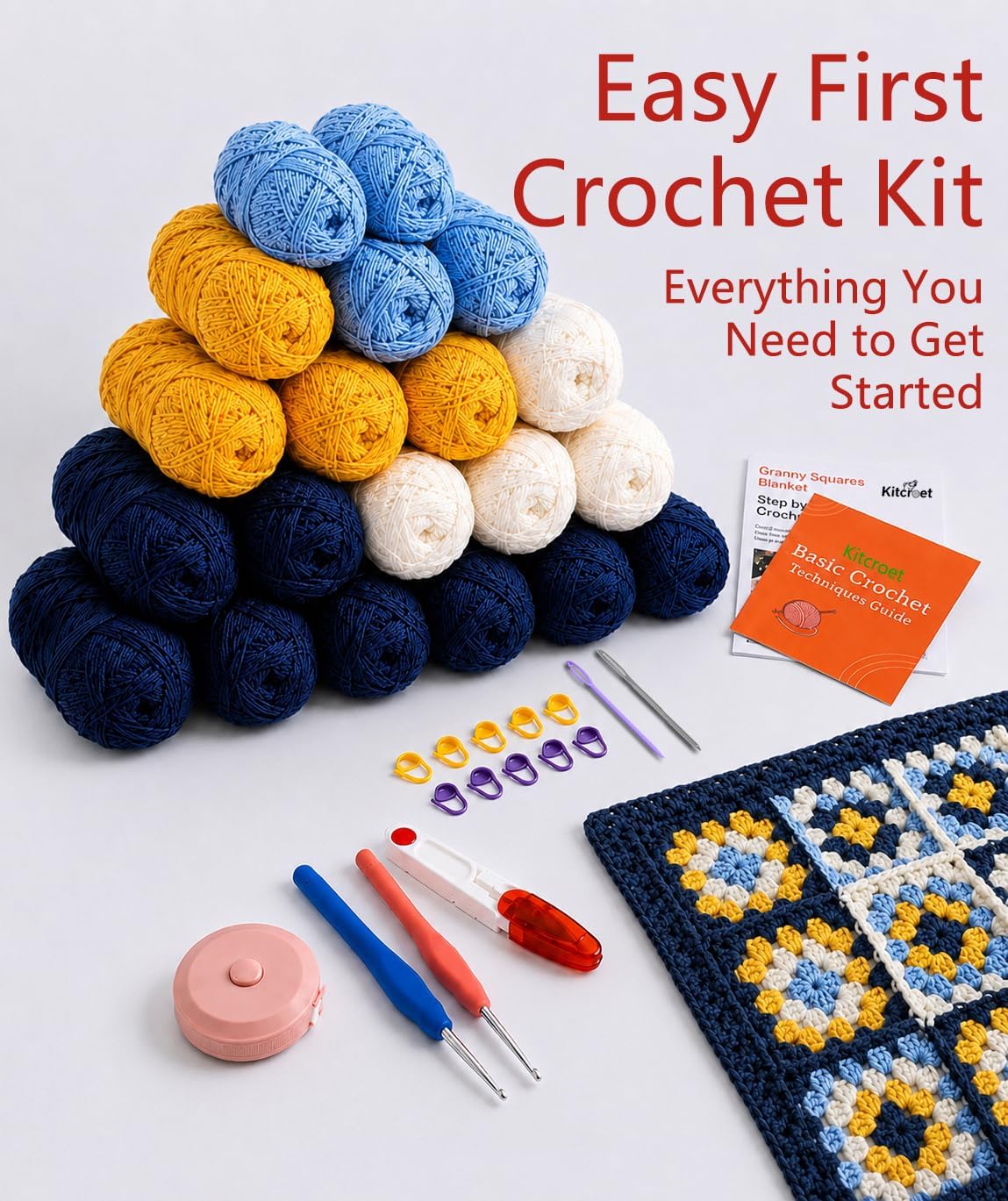 Kitcroet Granny Square Blanket Crochet Kit for Beginners, Easy Crochet Kit