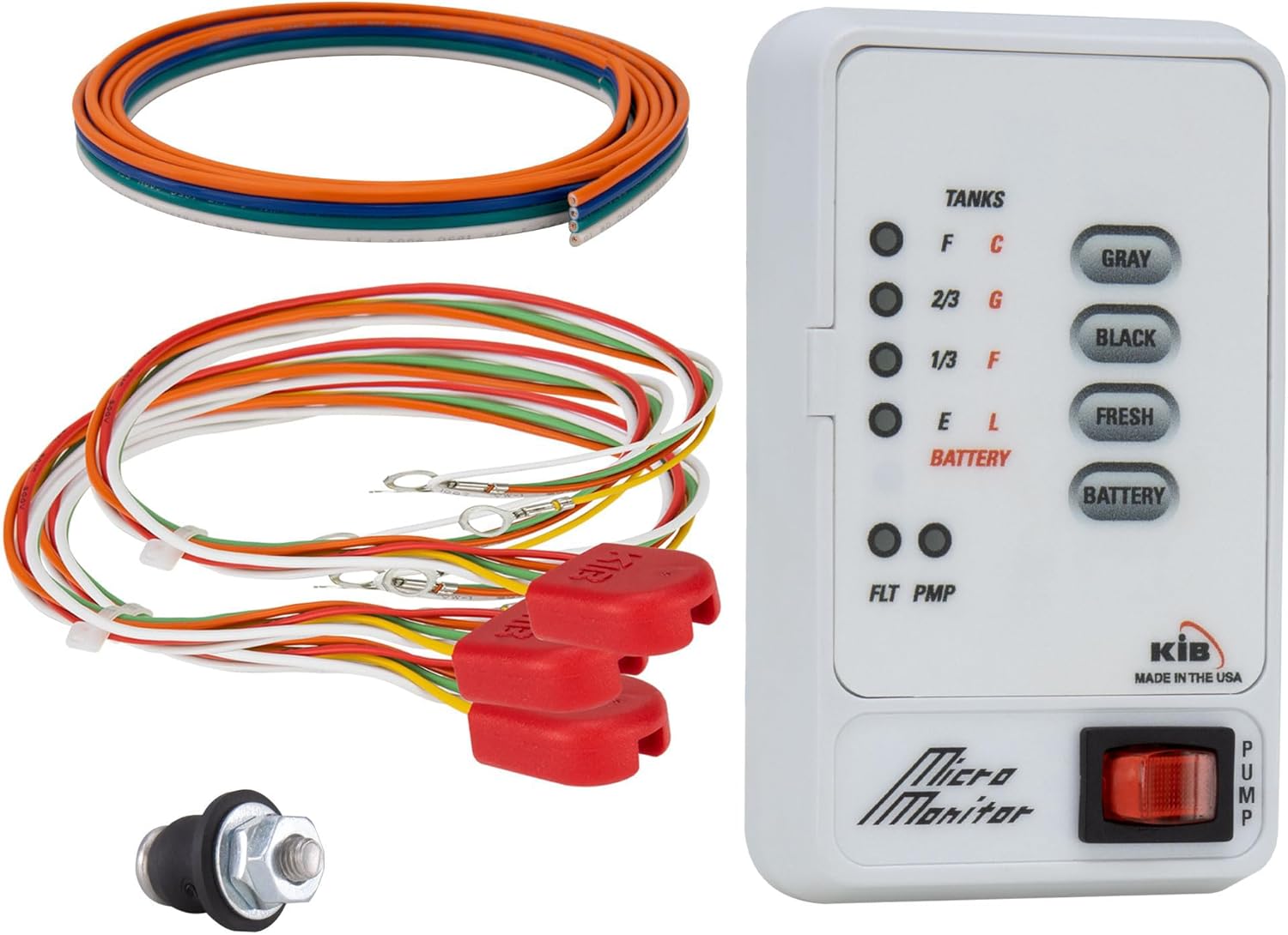 Tough Grade KIB RV Tank Sensor Monitor Panel with Complete Wiring Harness Kit | 18 Stainless Steel Probes | Bulit-in Water Pump Switch | 12V DC | Fits Standard Cutouts | Made in The USA (Black)