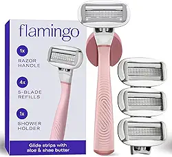 Flamingo Lâminas de barbear femininas, 1 cabo de barbear feminino rosa), 4 refis de cinco lâminas e 1 suporte de chuveiro