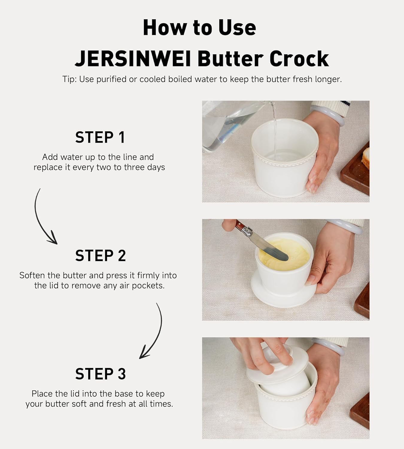 Butter Crock with Lid,Ceramic Butter Crock for Spreadable Soft Butter,Vintage Chain-Rim Design,Home and Kitchen Decor,Housewarming Gift,Shell White