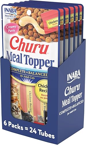 INABA Churu - Cubrecomida para gatos, completa y equilibrada, cremosa, para lamer puré para gatos, tubo de 0.5 onzas, 24 tubos (4 por paquete),