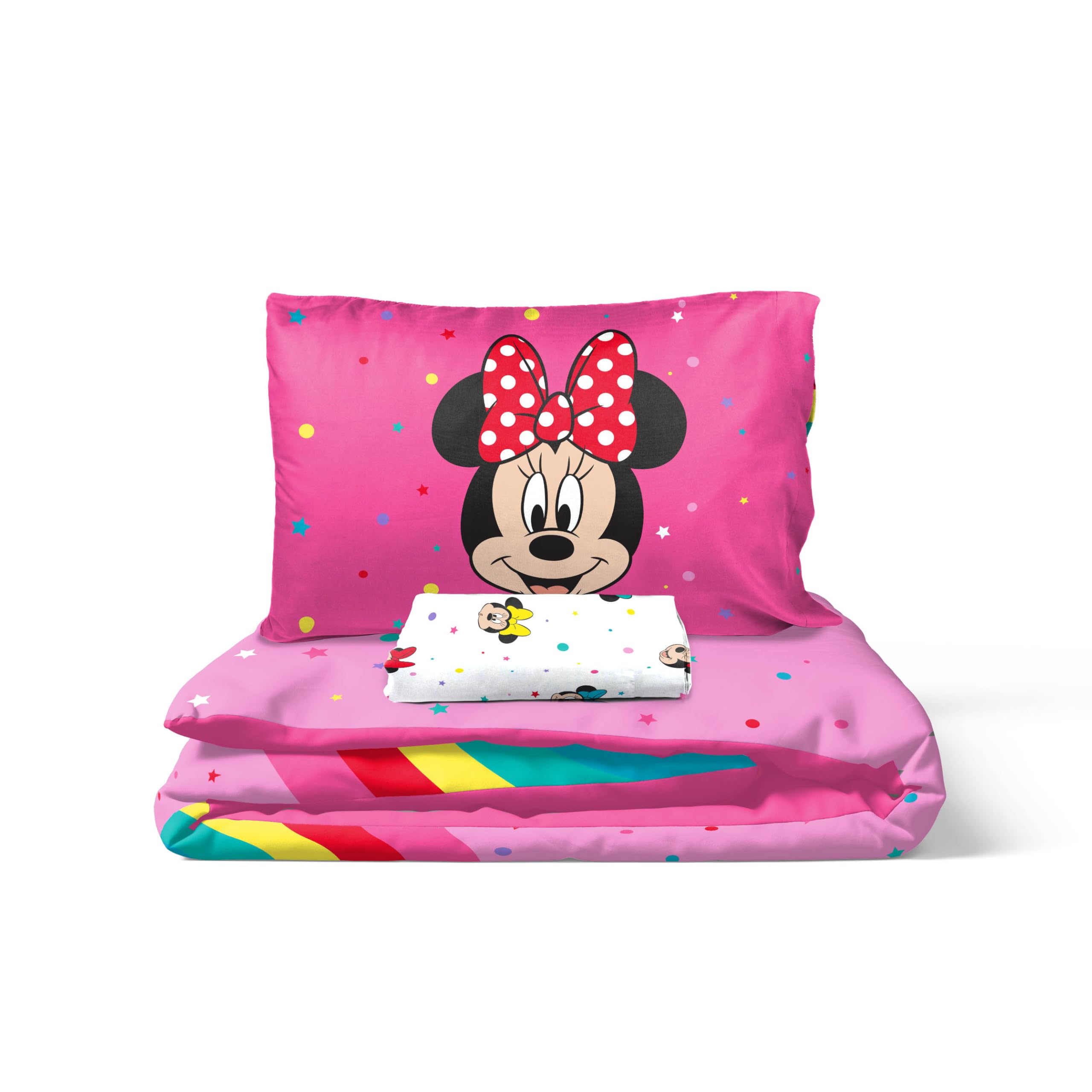 Jay Franco Disney Minnie Mouse Rainbow, 100 % algodón, juego de cama individual, funda nórdica, sábana bajera ajustable y funda de almohada