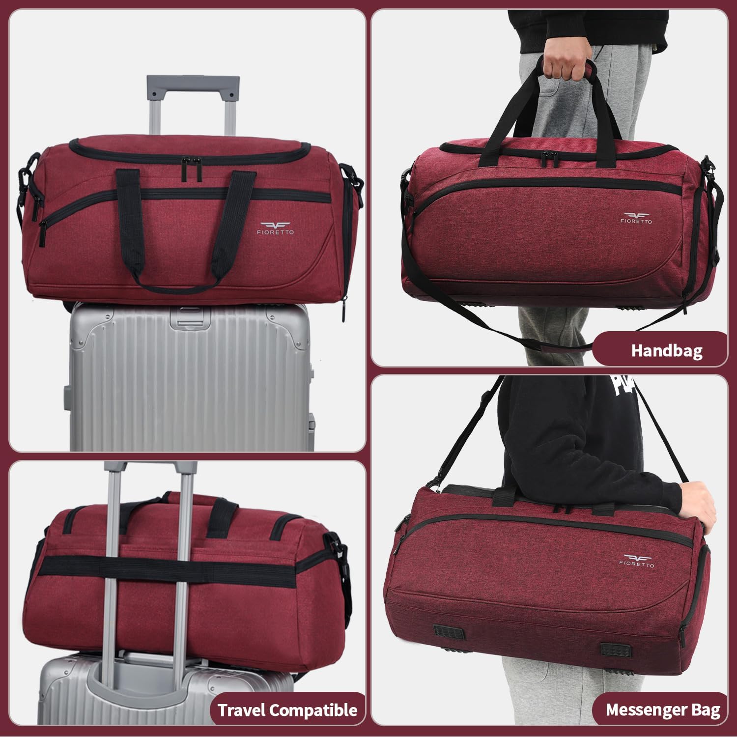 FIORETTO Sac de sport et de voyage 43L pour femmes et hommes, avec compartiment pour chaussures et pour vêtements mouillés, sac étanche pour sac de sport, gym, voyage, natation, sauna, football, 50 x