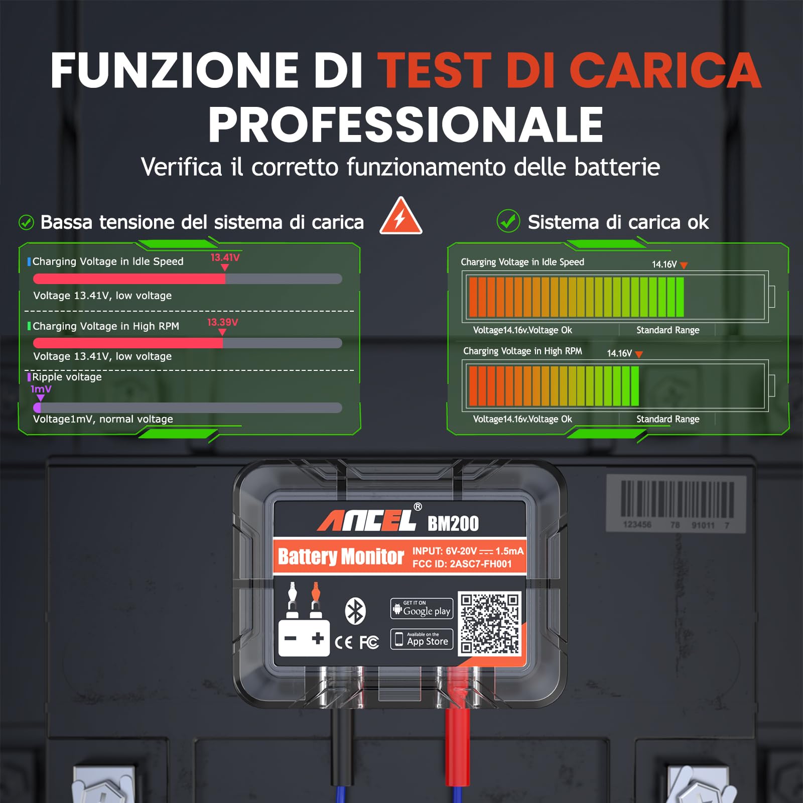 ANCEL BM200 Tester Batteria Auto 12V, Battery Monitor Bluetooth 4.2 Per batterie al litio e al piombo con allarme di prova di carica a manovella Registrazione dello storico della tensione