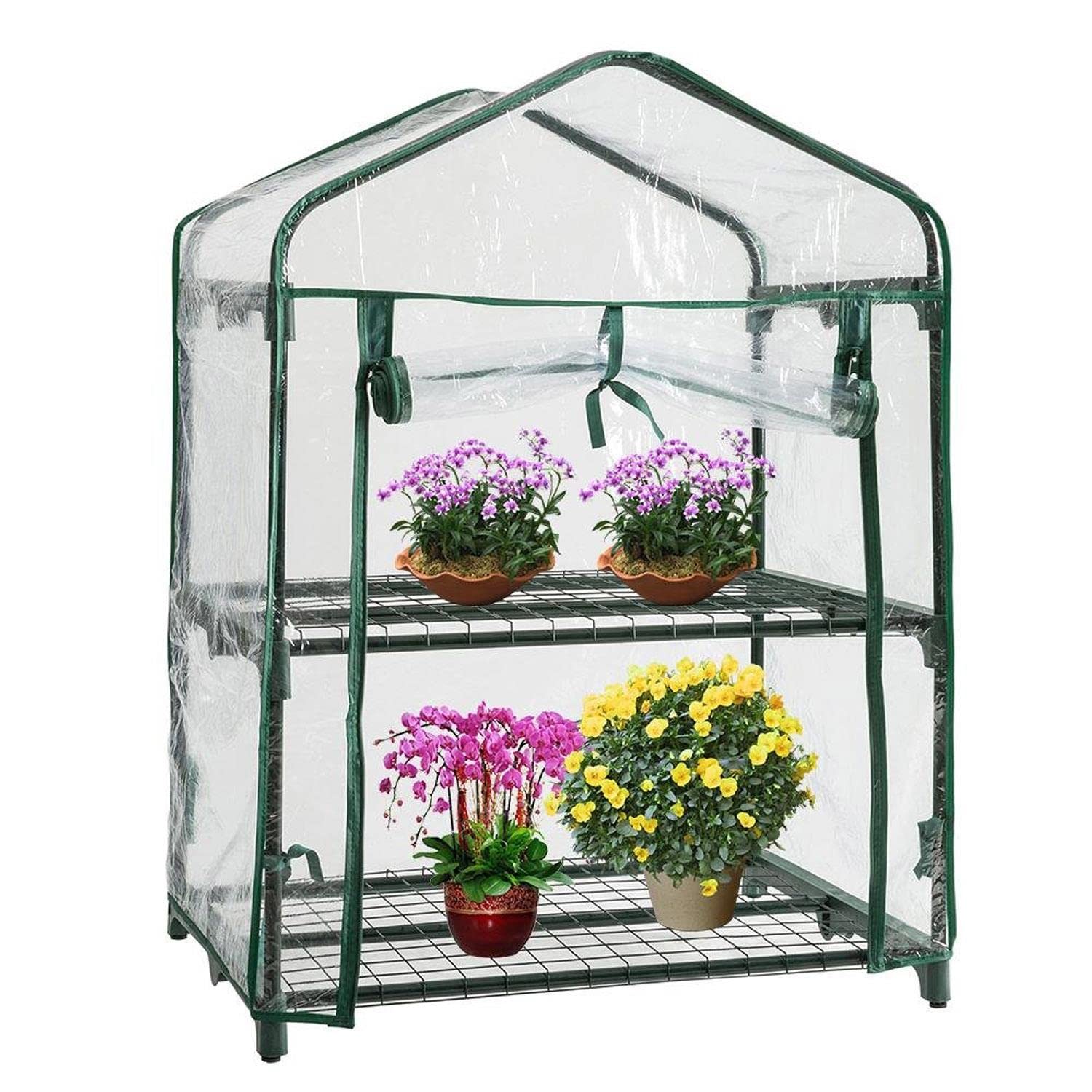 Taylor & Brown 2 Tier Greenhouse Compact Green House with 2 Shelves and Weatherproof PVC Plastic Cover Plant House/Grow House for Garden and Outdoor Roll up Zip Panel Door Easy No Tool Assembly