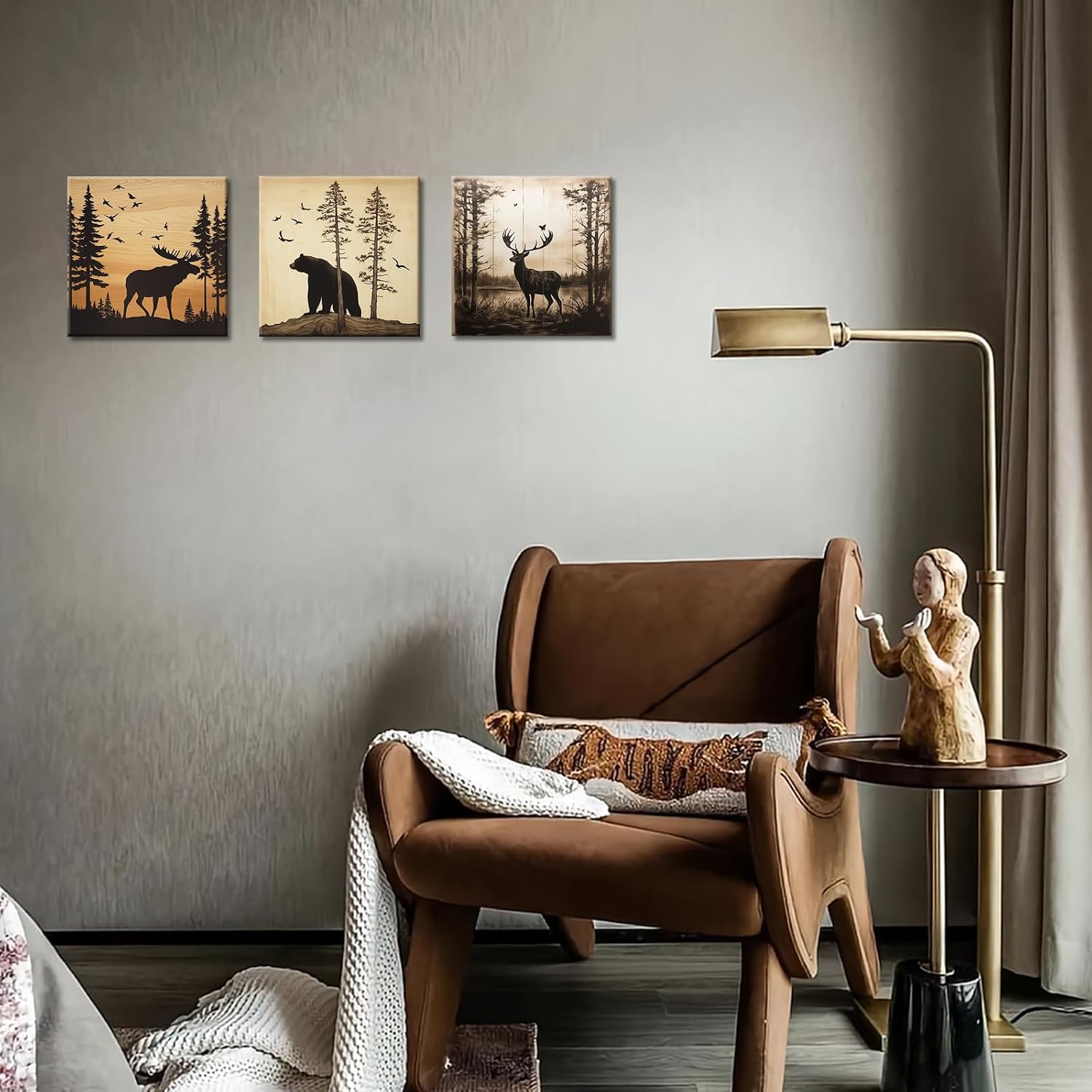GLOKAKA Set of 3 Wild Animal Canvas Wall Art Rustic Cabin Decor Mountain Animals Deer Moose Bear Woodland Pictures Farmhouse Wildlife Painting for Log Cabin Bedroom Bathroom Decor