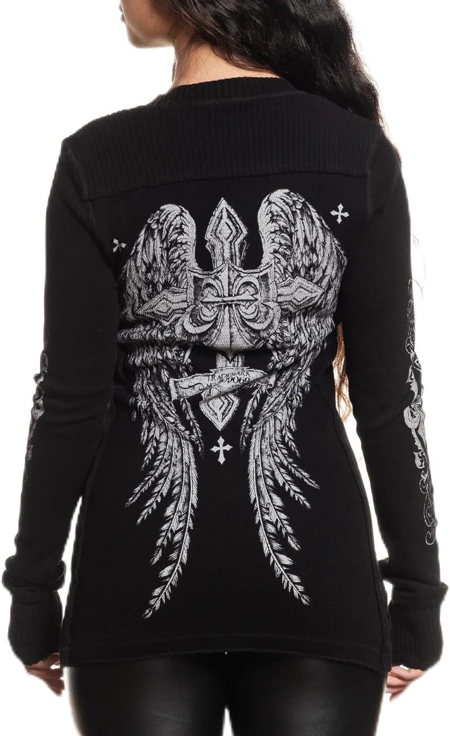 Affliction Women's Long Sleeve Thermal Shirt Shirt, Gothic Rock Style with Front Logo, Back Wing Design