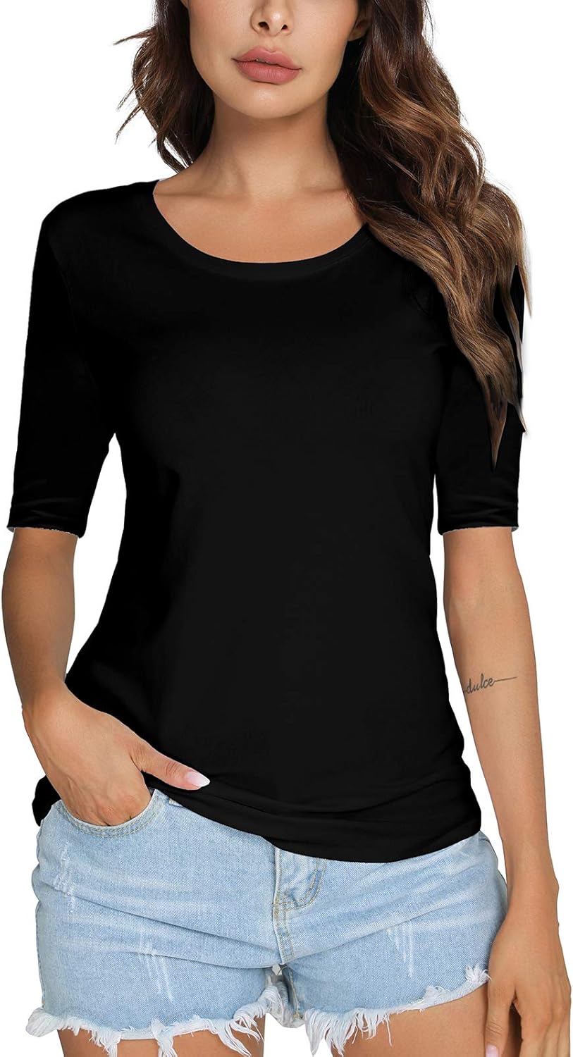 LOVFEE Women's Basic Round Neck Plain Half-Sleeve Tee Casual Fitted T Shirt