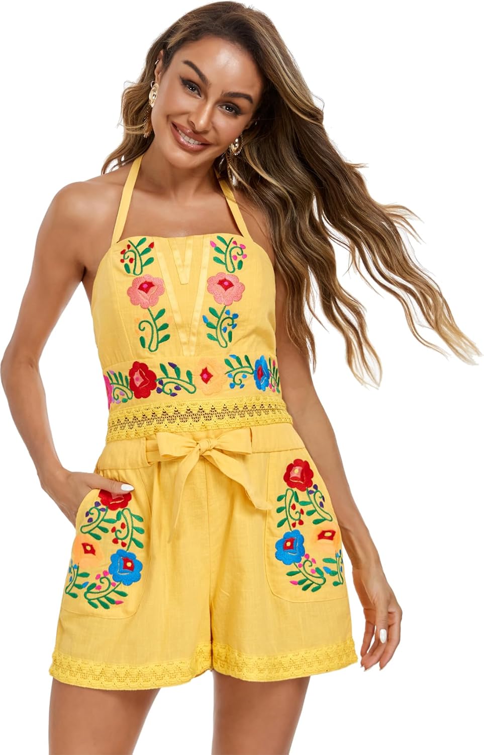 Rompers for Women Summer Boho Embroidered Floral Sleeveless Halter Flowy Casual Tank Top Short Jumpsuit