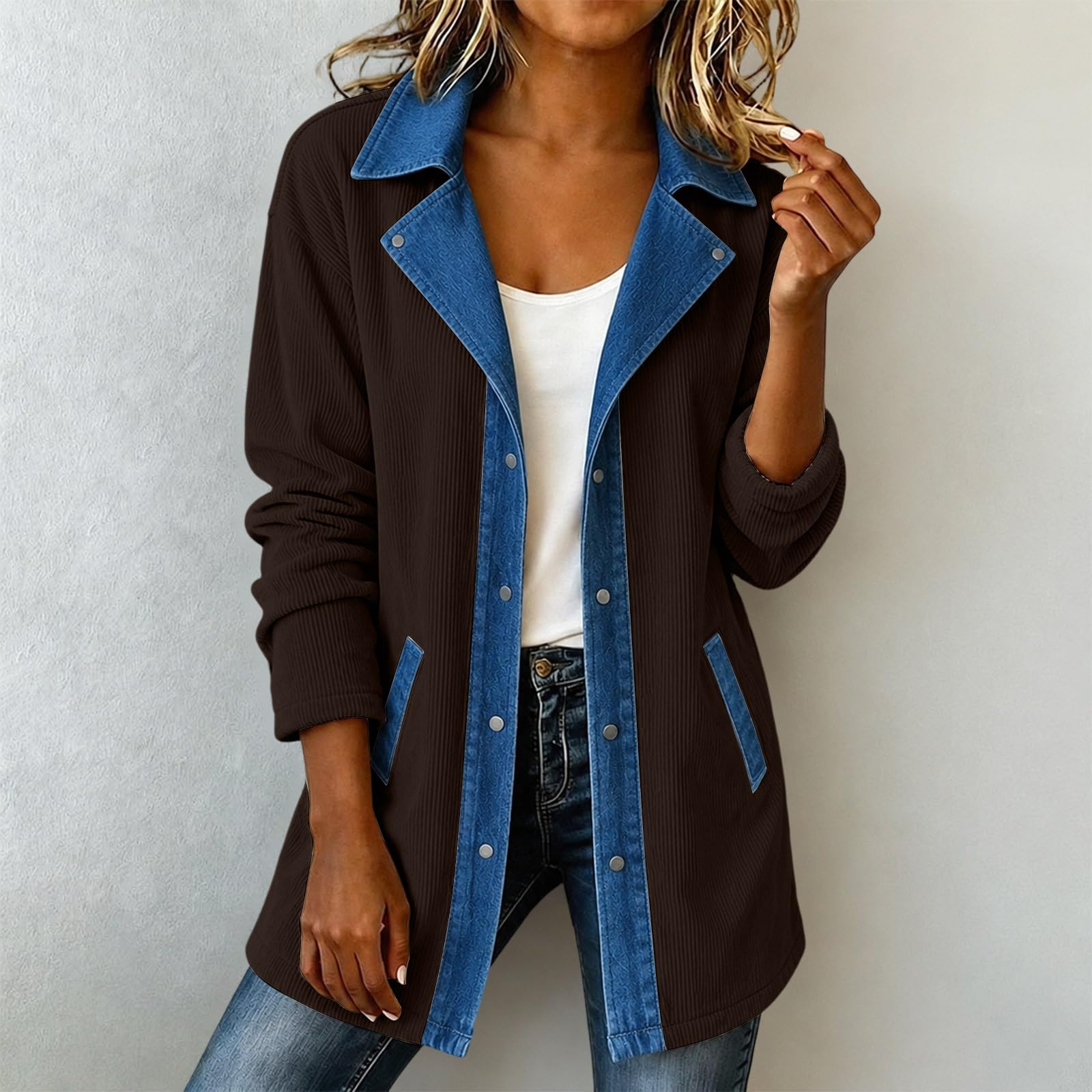 EMATOP Cordjacke Damen Lang Übergangsjacke Langarm Revers Denim Hemdjacke