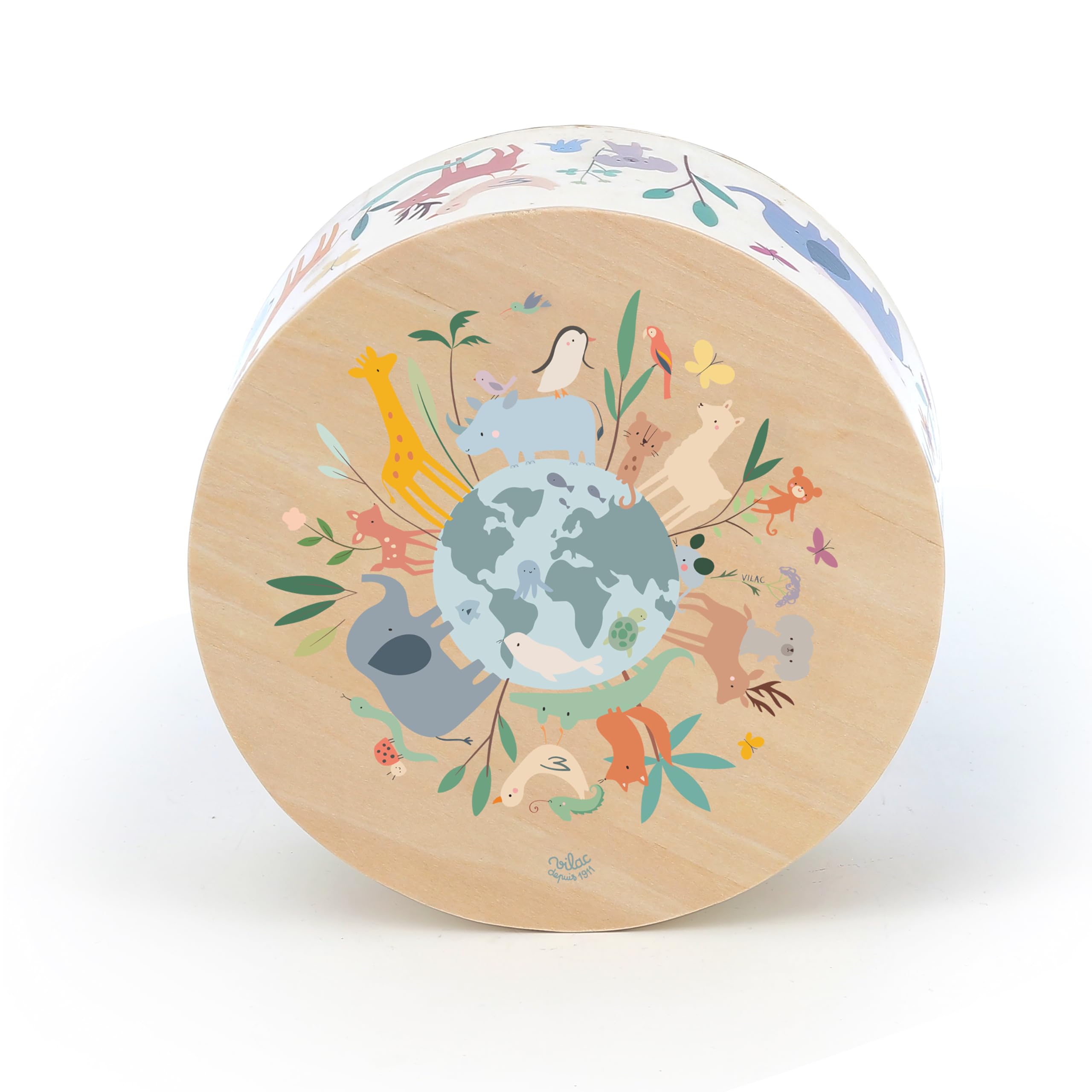 VILAC - Tamburo cajón Gli animali del mondo - Sarah Betz - Giocattolo musicale - 1 tamburo cajón in legno - Giochi di risveglio per bambini in legno - Giocattolo per bambini dai 3 anni - 7113