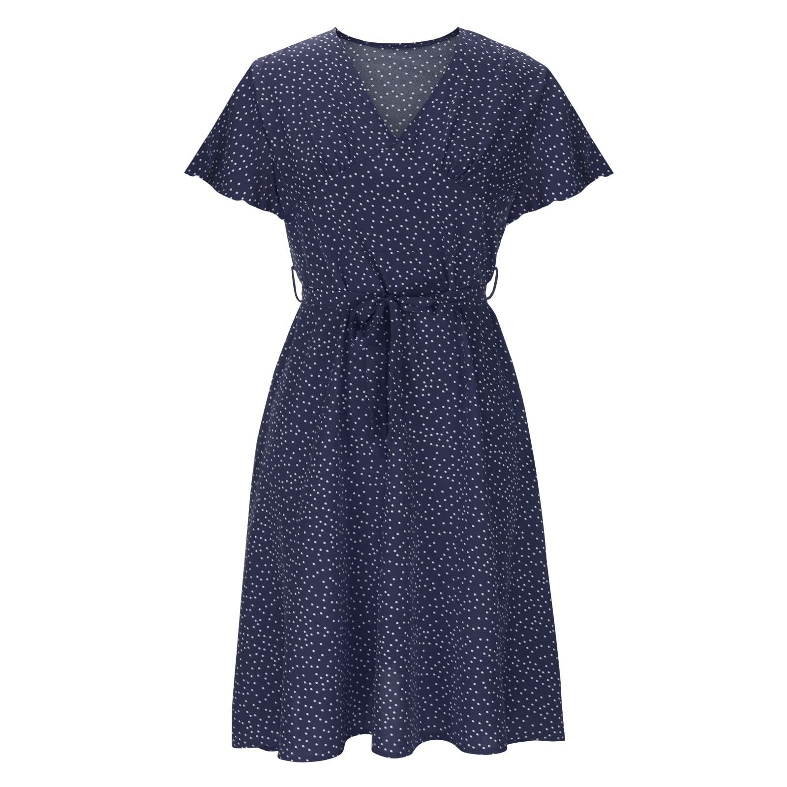 Generico Elegantes Damenkleid Curvy Midi – Damenkleid mit Punkten für den Sommer, V-Ausschnitt, kurzärmlig, leicht, atmungsaktiv, Kleid aus weichem Tüll, Freizeitkleider für Strandurlaub