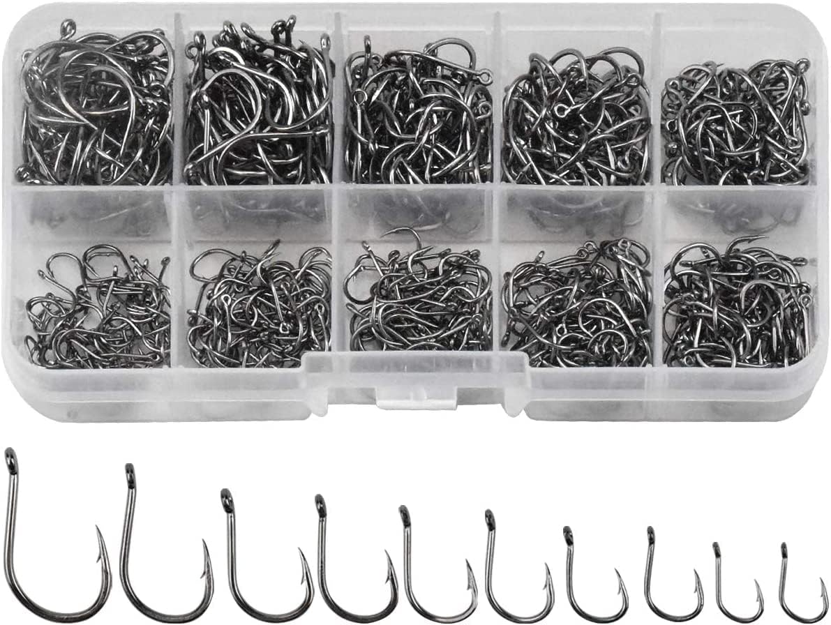 Focenat 600 Pcs Small Fishing Hooks, 10 Sizes Carbon Steel Fishing