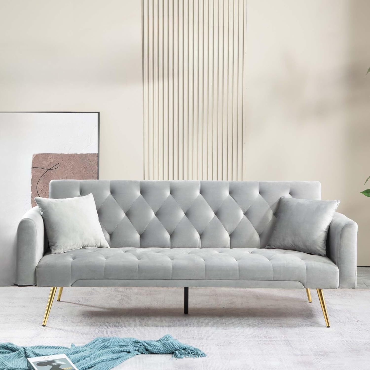 Velvet Sofa Bed Futon with 2 Pillows, Modern Convertible Sleeper Couch, Folding Upholstered Recliner Loveseat, 3-Angle Adjustable, 2-in 1Memory Foam Living Seat for Office Studio (Grey)