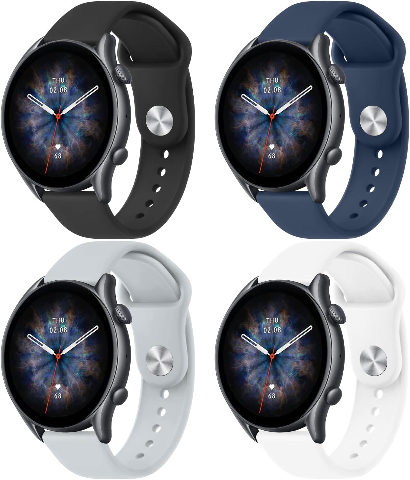 Silicone Band for Amazfit GTR 3 Pro/ GTR 3/ GTR 2e/ GTR 2/ GTR 4/ Amazfit GTR 47mm Smart Watch, 22mm 4 Pack Soft Quick-Release Replacement Wristband with Simple Buckle, Sport Strap for Men