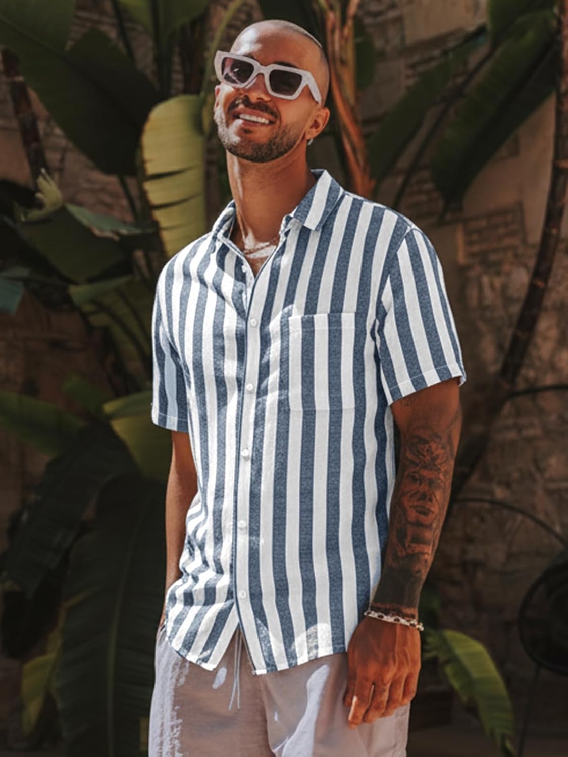 Runcati Mens Striped Button Down Shirts Casual Short Sleeve Linen Shirt Summer Beach Vacation Tops - Image 3
