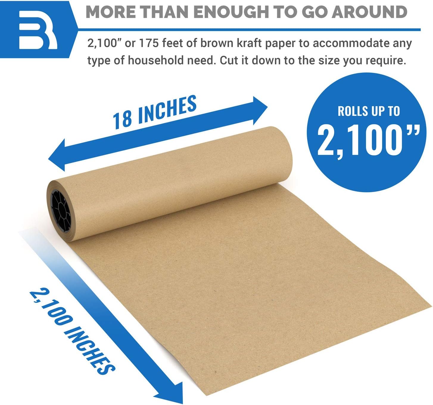 Brown Jumbo Kraft Paper Roll - 18" x 2100" (175') Made in The USA - Ideal for Packing, Moving, Gift Wrapping, Postal, Shipping, Parcel, Wall Art, Crafts, Bulletin Boards, Floor Covering, Table Runner