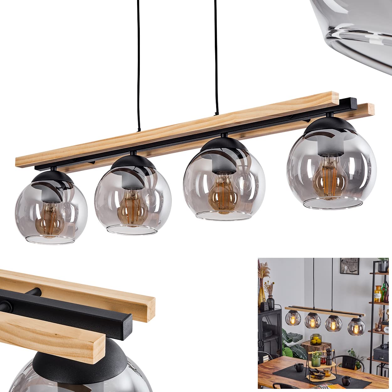 Lampada a sospensione Podre, lampada moderna in metallo/legno/vetro in colore nero/natura/fumo, 4 luci, con paralume in vetro reale (15 cm) e asta in legno, altezza massima 129cm, E27, senza lampadine