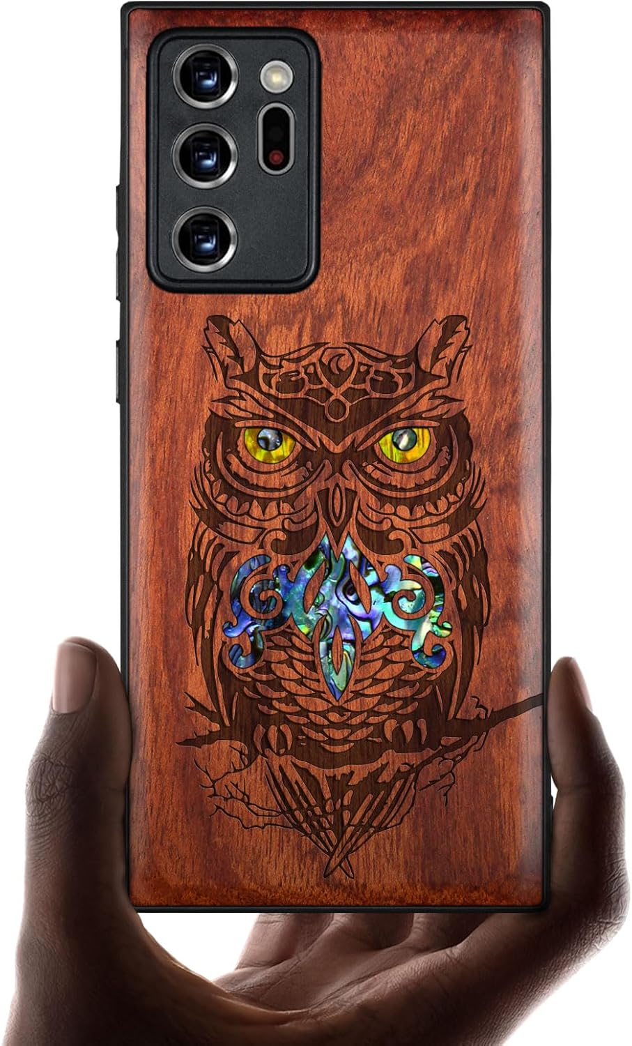 Carveit Designer Wooden Case for Samsung Galaxy Note20 Ultra Case Cover [Wood Engraving & Shell Inlay] Compatible with Wireless Chargers Galaxy Note20 Ultra (an Owl Perched on a Branch)