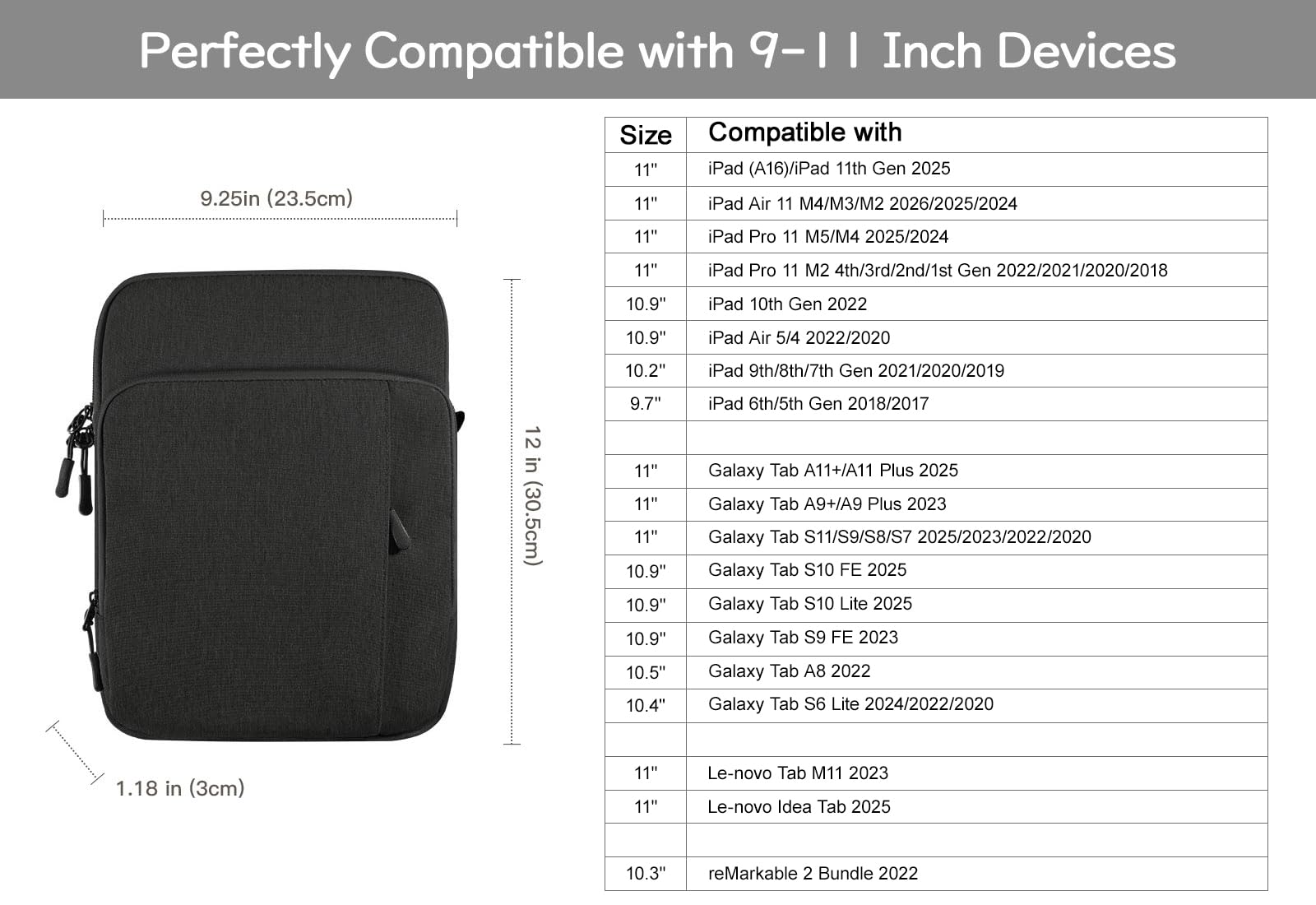 Dadanism 9-11" Tablet Borsa Portatile con Tracolla per iPad (A16) 11", iPad Air M4/M3/Pro M5/M4 11", iPad 10a Gen/Air 5 10,9", iPad 9/8/7a Gen 10,2", Galaxy Tab A11+ 11", Tab M11 11", Nero Grigio