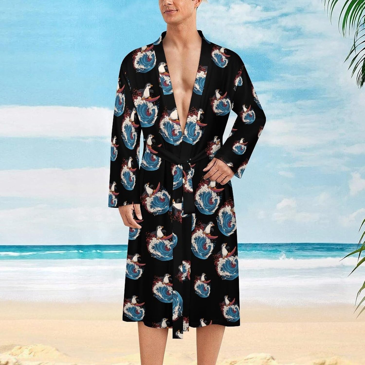 Penguins Surfing on Wave Mens Robe Long Bathrobe for Women Bath Robes Lightweight Soft Printed Sleepwear