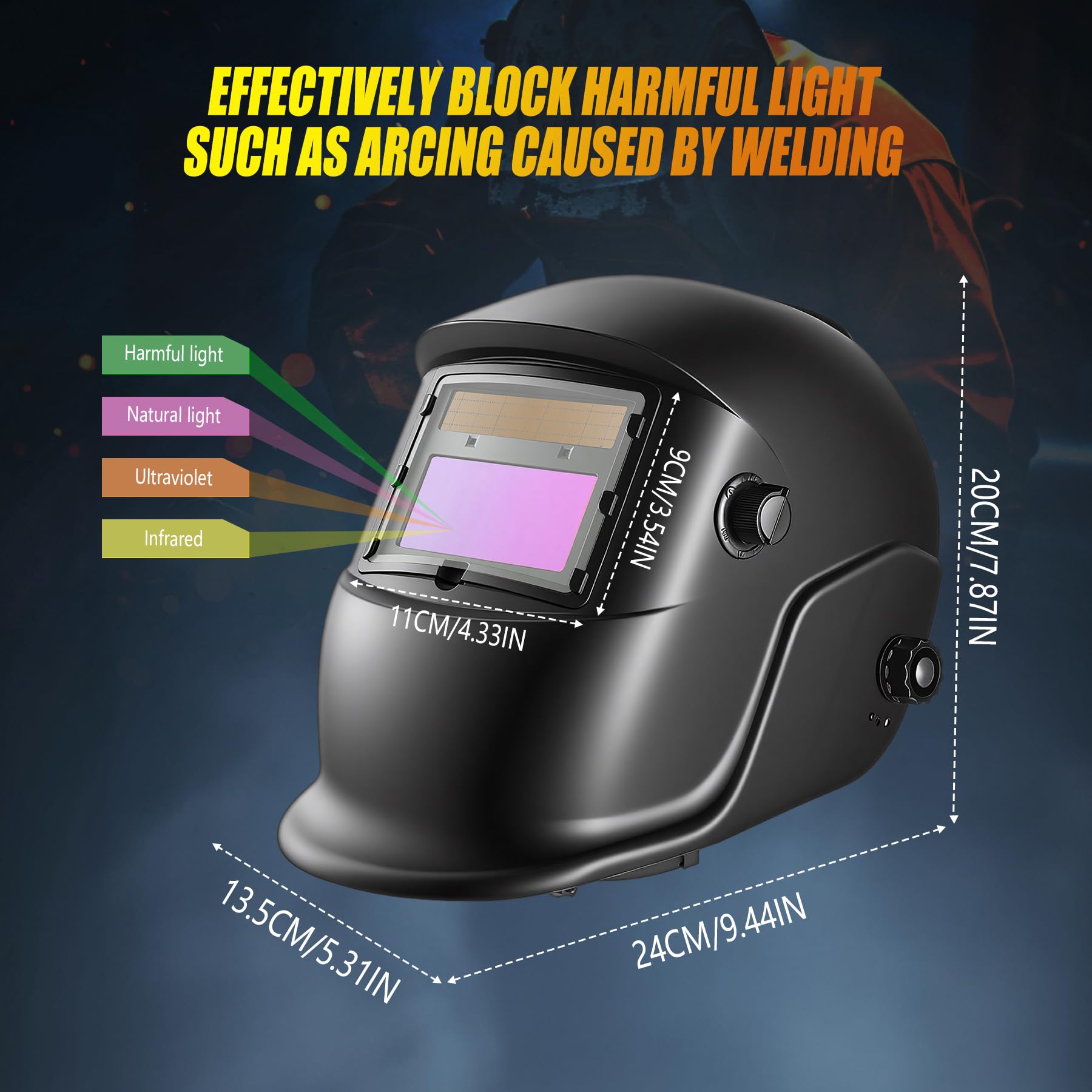 Maschera per saldatura, oscurante automatico, batteria sostituibile, con 2 pellicole protettive + guanti da sudore + protezione per il collo in vera pelle, tinta regolabile 9-13 per ARC Cut