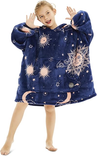 THREE POODLE Oversized Blanket Hoodie for Kids, Sherpa Fleece Wearable Blanket Sweatshirt for Girls Boys, Warm Soft Cozy Hooded Blanket Kids, One Size Fit All
