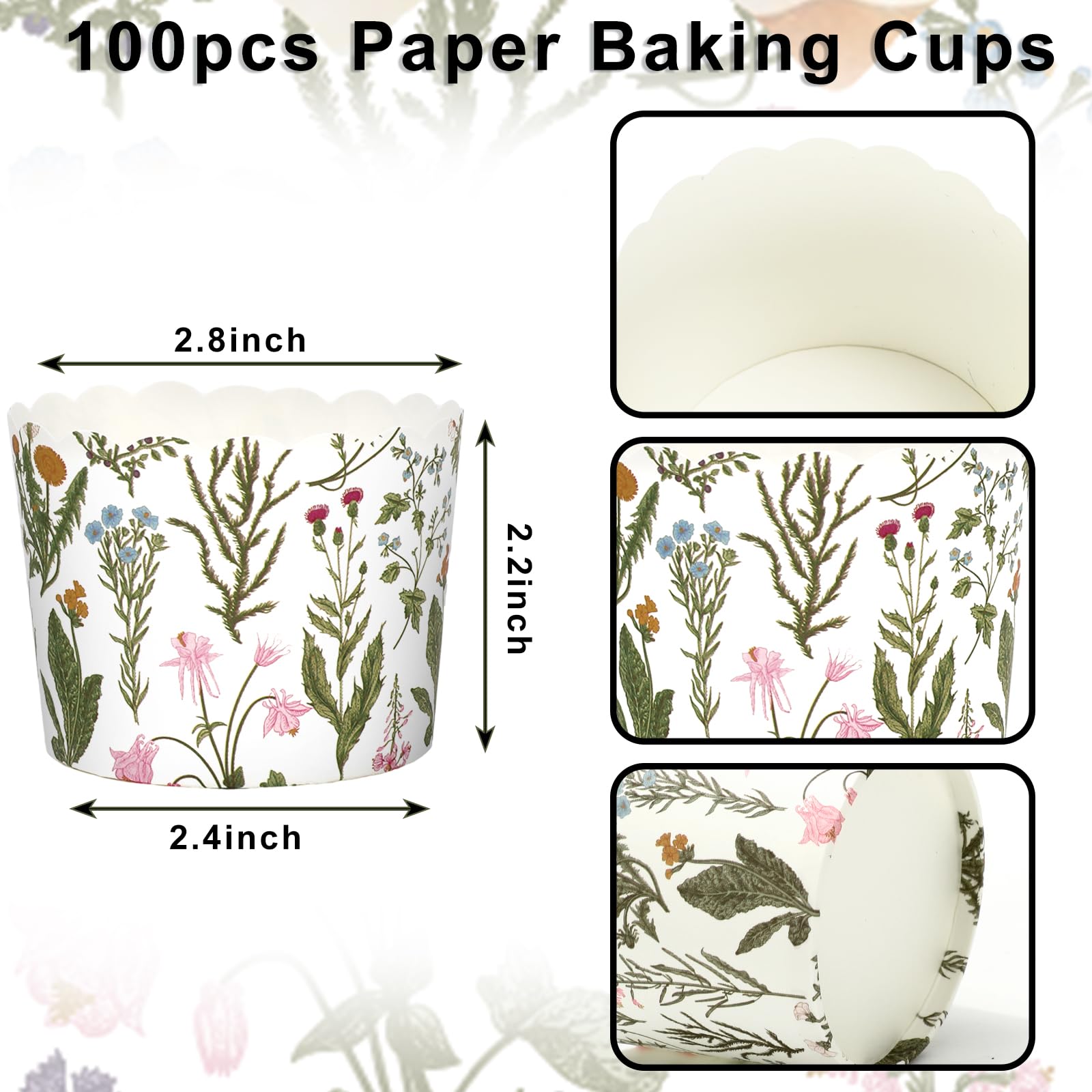 JarThenaAMCS 100 Stück Wildblumen-Papier-Backförmchen, bunte Blumenmuster, Cupcake-Förmchen, gewellter Rand, Cupcake-Muffinförmchen für Frühling, Sommer, Partyzubehör